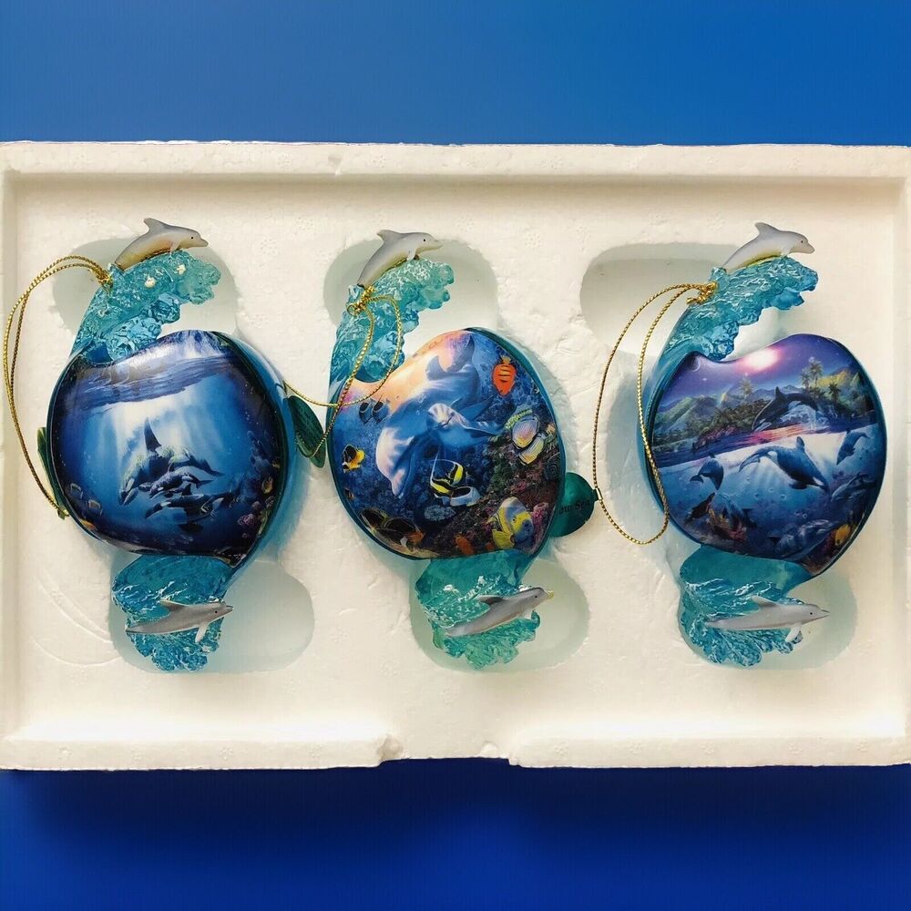 3 Bradford Exchange Dolphin Christmas Ornaments W/Certificate Above-Below Design